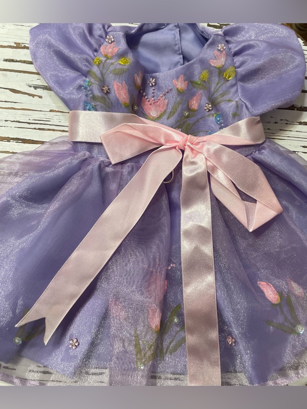 Lavender Hand painted Floral  Pet Party Dress with Pink Satin Bow
Medium